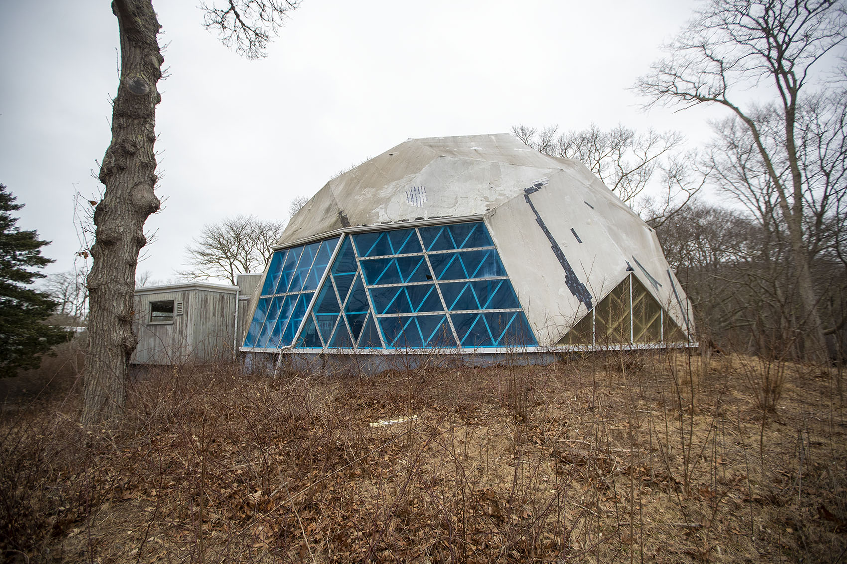 The Dome in Woods Hole, the oldest surviving geodesic dome in the world built by Buckminster Fuller, is in a state of total disrepair. Photo by Jesse Costa for WBUR