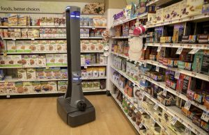 Stop & Shop’s autonomous robot “Marty” patrols a food aisle at the store in Clinton, Conn. Photo by Robin Lubbock for WBUR