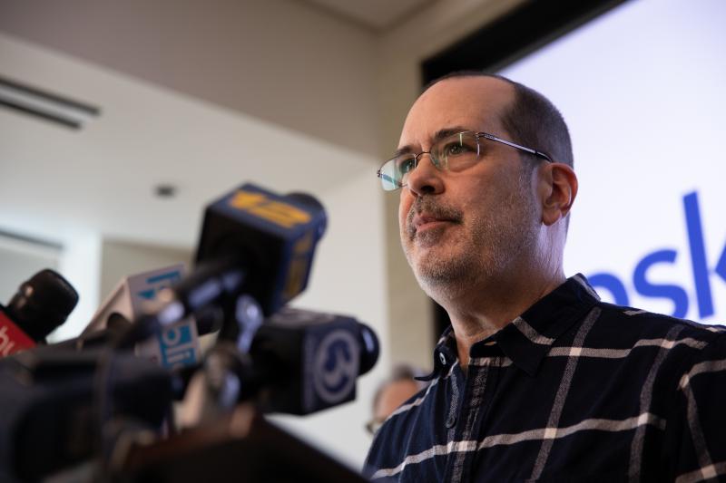 David Wheeler, whose son Ben was killed at Sandy Hook, speaks at a press conference after the Connecticut Supreme Court ruling. Photo by Ryan Caron King for Connecticut Public Radio