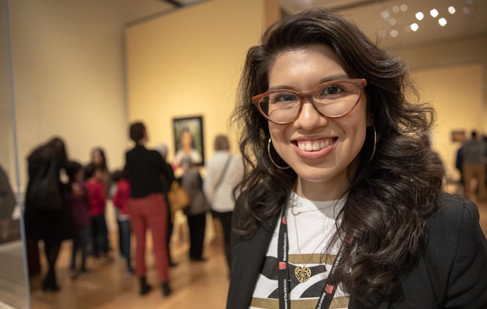 Layla Bermeo, Assistant Curator of American Paintings, at the Frida Kahlo exhibit at the MFA Boston. Photo by Robin Lubbock for WBUR