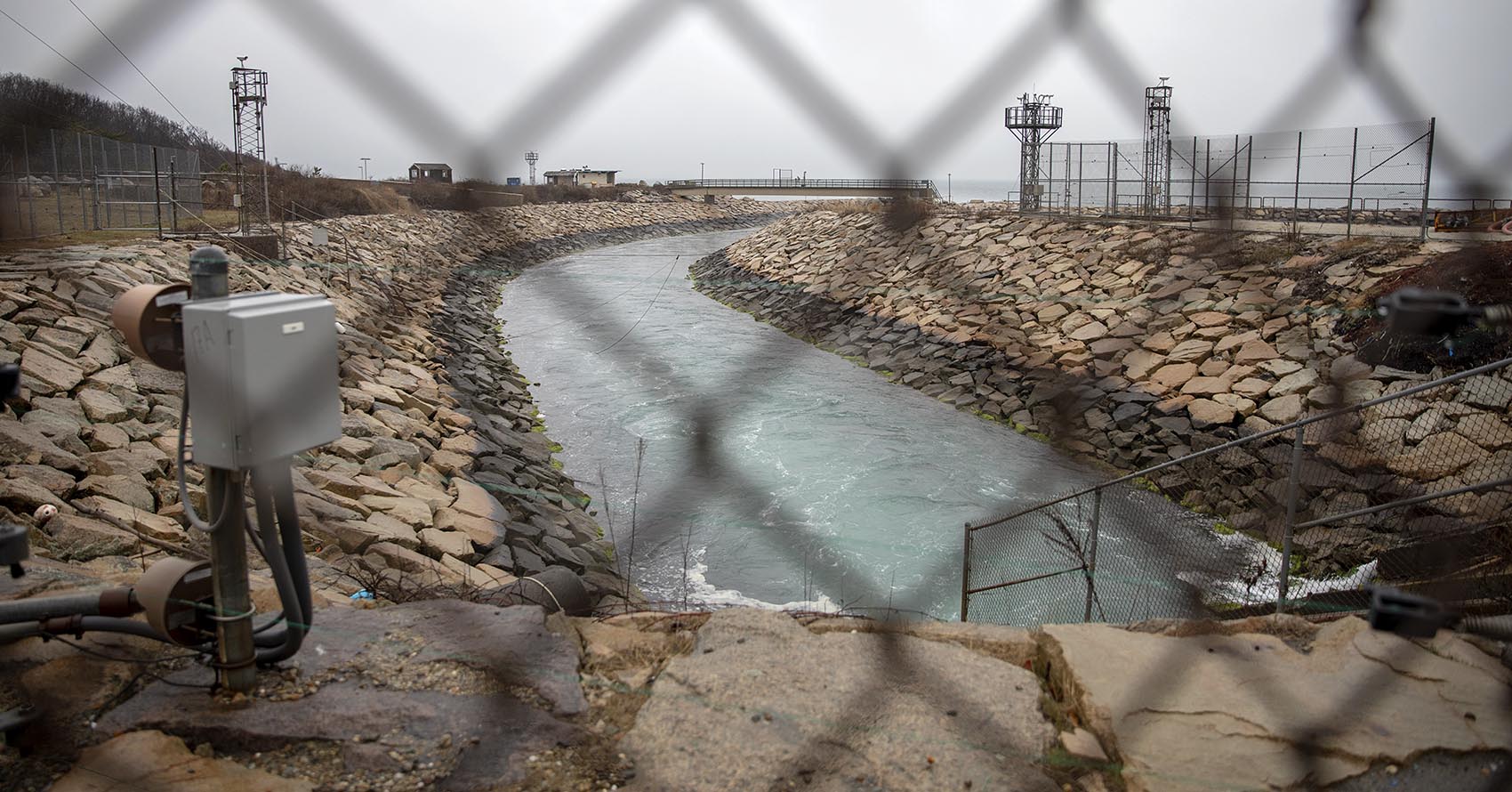 The discharge canal at Pilgrim, where water used for cooling at the plant is release back into the bay. Photo by Robin Lubbock for WBUR