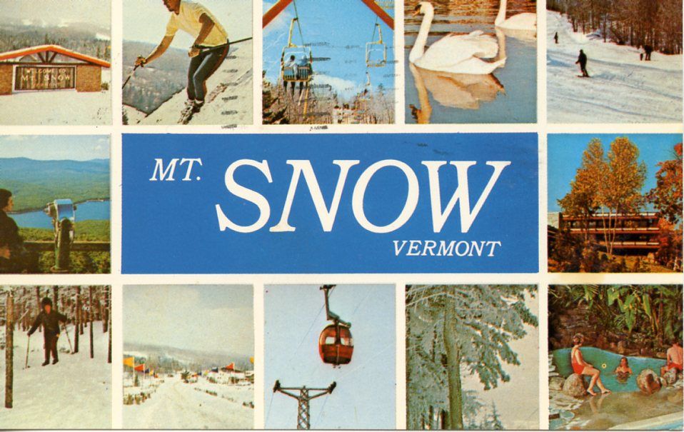 A 1980's postcard depicts Mt. Snow in Vermont. Photo credit of Dutch Simba, Flickr, Creative Commons