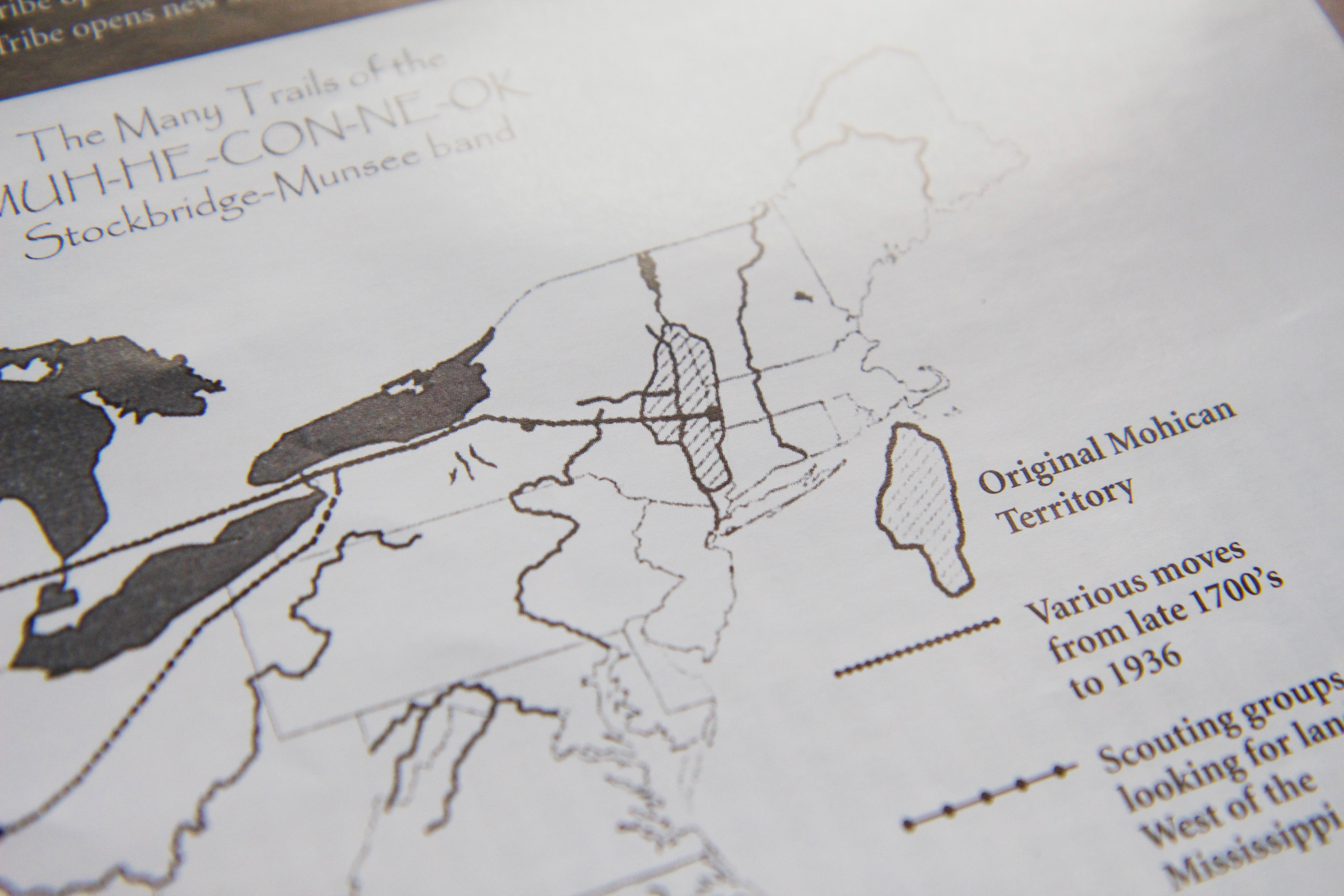 A map created by the Stockbridge-Munsee Band shows Mohican homelands along the Mahicannituck River, later renamed the Hudson River. Before they were forced out by European colonizers, the Mohicans had territory extending into the Berkshire County part of Massachusetts, including the western-most part of what is now called the Mohawk Trail. Photo by Elodie Reed