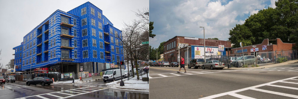 3200 Washington St., today, left, and back in 2015. Photo by Jesse Costa for WBUR