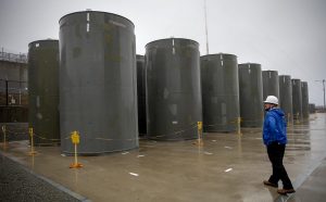 Spent fuel casks at Pilgrim Nuclear Power Station. Photo by Robin Lubbock for WBUR