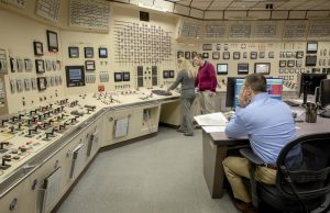 The reactor control room simulator is a duplicate of the real control room at Pilgrim Nuclear Power Station, used for training Pilgrim staff. Photo by Robin Lubbock for WBUR