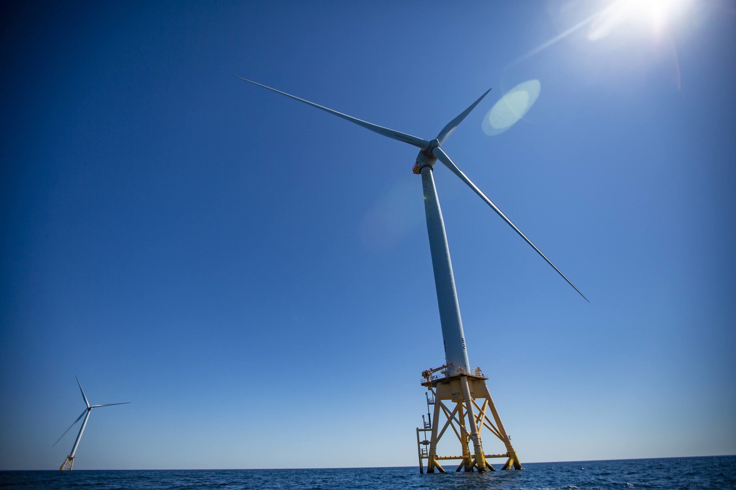 Two turbines of the Block Island Wind Farm off the coast of Rhode Island.