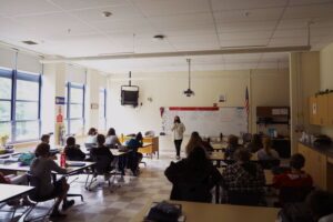 Brooke Proulx, a school social worker at Gorham Middle School, is teaching an 8th grade health class lesson about responsible decision-making skills.