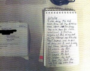 Among the items found in Robert King’s trailer was a note written years earlier by Samuel Marino. The misspellings in the note signaled to his mother that he was among the young men trafficked by King and co-conspirators.