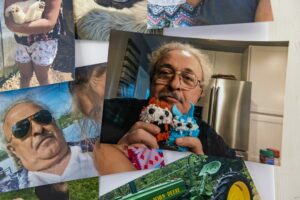 A photo of Tony Tsantinis hangs in a collage of other photos set up for a celebration of his life on the final day Athens Pizza in Brimfield was opened for business.