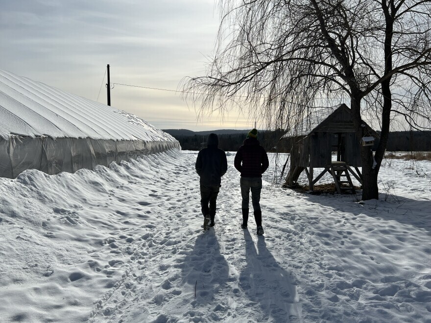 Adam Nordell and Johanna Davis walk alongside one of three greenhouses the operate at Songbird Farm in Unity, Maine. The couple has suspended plans to sell organic spinach and other leafy greens from their greenhouses this winter because of the discover of PFAS contamination on their farm.