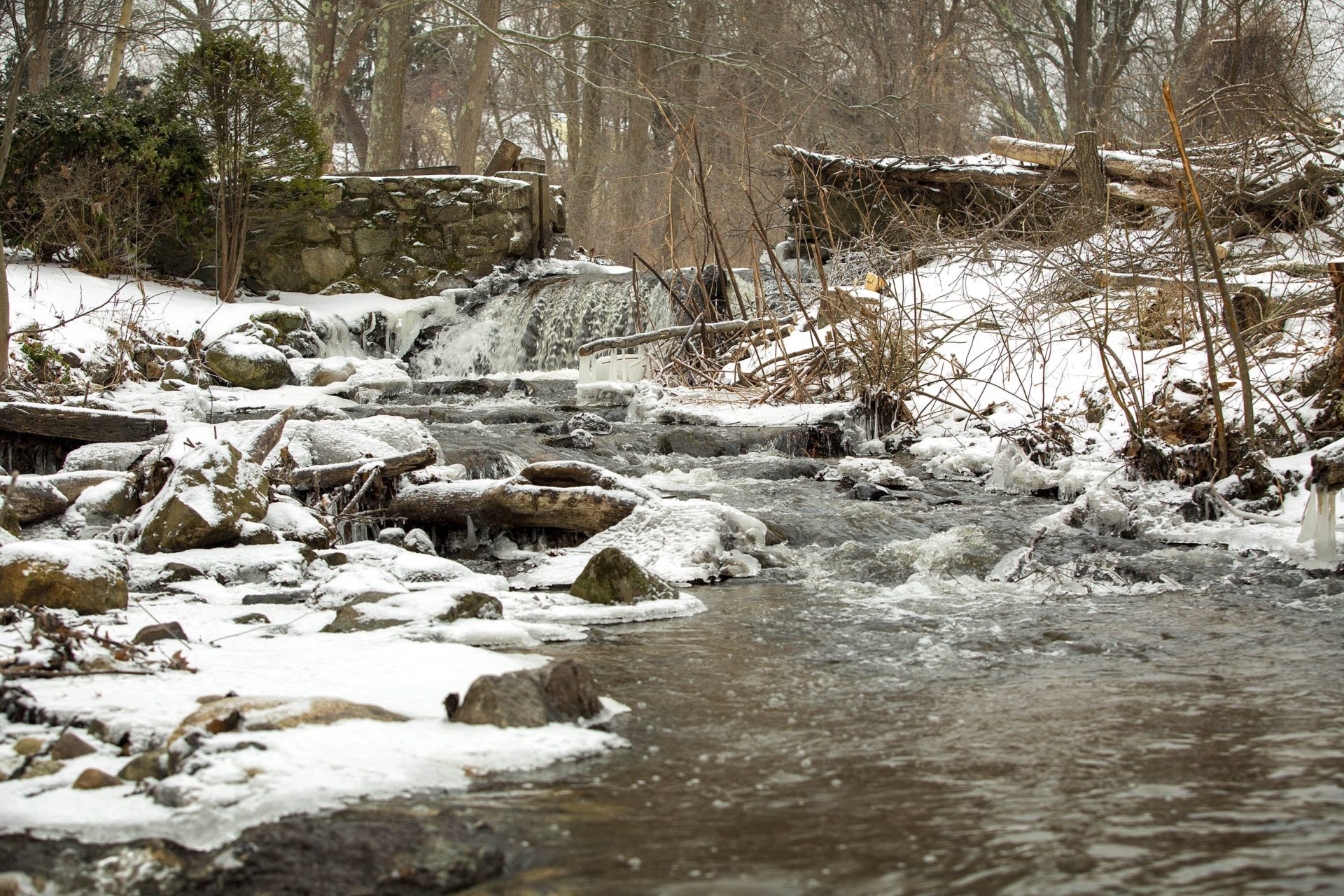 Water flowing through the spillway of the Mill Pond Dam on Traphole Brook in the week before its removal.