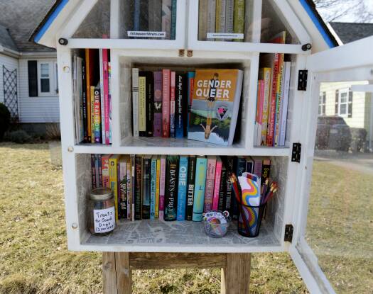 Books fill the colorful shelves of the Little Queer Library in Waltham, Mass., on Mar. 15, 2022.