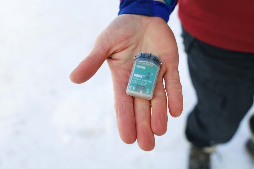 These sensors are attached to a buoy in the lake, and they measure water circulation, temperature, and ice dynamics year-round.