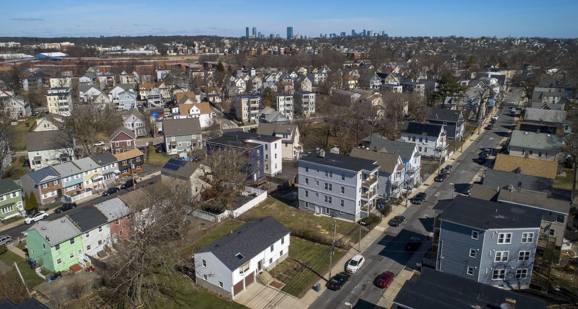 An aerial view from Ballo Ave. in Mattapan, looking towards downtown Boston.
