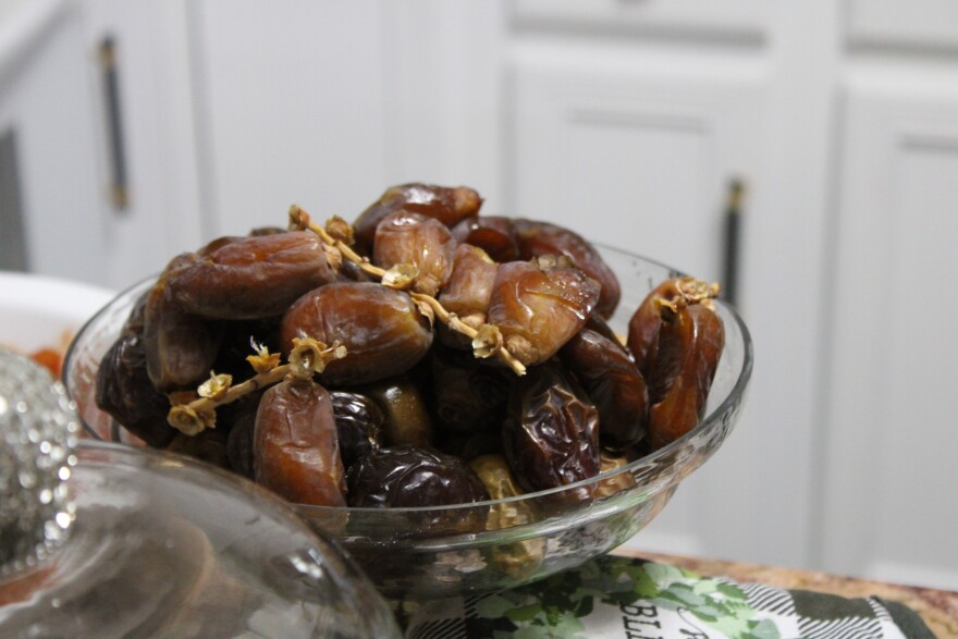 A bowl of dates sits on the Manahe family's kitchen counter. During Ramadan, dates are a staple of the family's evening break the fast meal, called iftar.