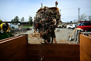 A Peels & Wheels Composting worker dumps a wheelbarrow of chopped food scraps and leaves into a bin that will be filled and left to decompose. The business uses bicycle trailers to pick up food scraps from subscribers around New Haven, Conn. The compost is then given to subscribers or donated to local community gardens.