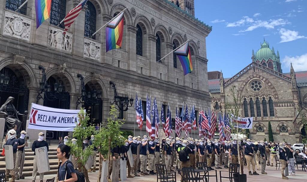 The white supremacist group Patriot Front marches in front of the Boston Public Library on July 2, 2022.