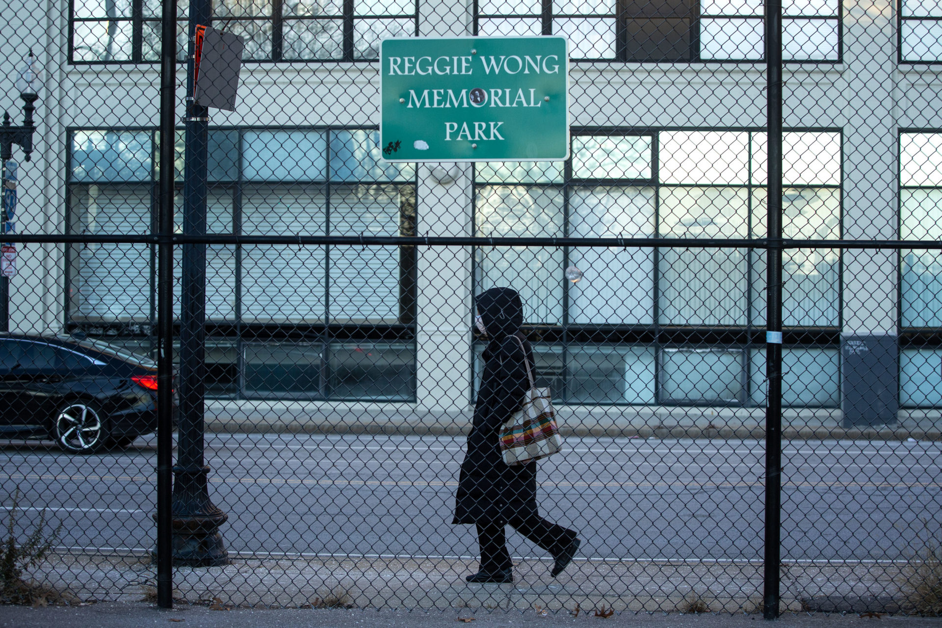 A sign for the Reggie Wong Memorial Park on Kneeland Street, Boston. 