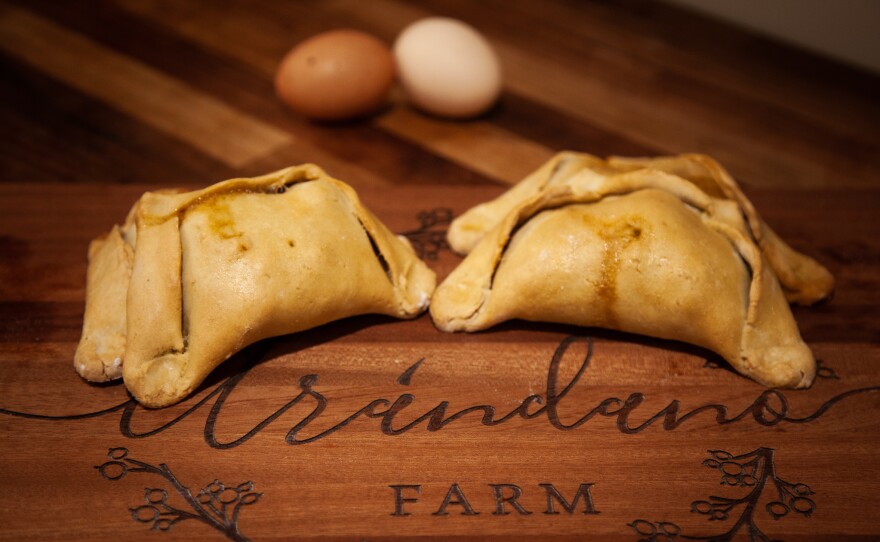 A closeup of two Chilean empanadas, which are folded differently than any other empanada in Latin America. They are almost square, soft in the middle, and crispy on the edges. 