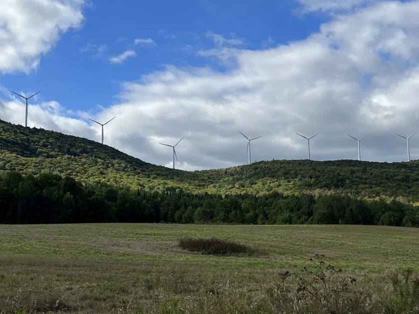 Seven of the 28 turbines that make up the Mars Hill Wind facility are viewed across a field from a road near the Maine-Canada border.