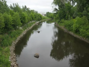 A section of the Housatonic River in Pittsfield, Massachusetts, where PCB-contaminated sediment was excavated and removed, in a file photo. Cleanup of the first two miles of the river south of the former GE plant was completed by 2006. River advocates have filed an appeal against the EPA's plan to clean up the rest of the river.