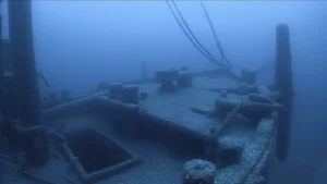 An underwater photo showing the Ironton's anchor that is still attached on the ship's bow.