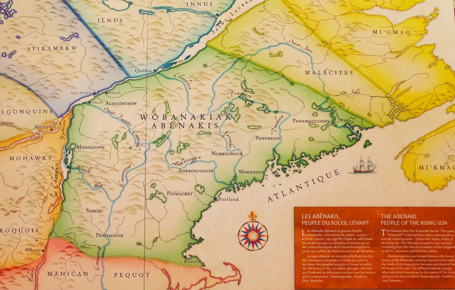 A map at the Musée des Abénakis on the Odanak First Nation reserve shows the ancestral lands of Northeast Native communities pre-colonization. Abenaki territory stretches down from present-day Quebec through Vermont as well as into New Hampshire, Maine and Massachusetts.