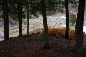 A perched view, through a line of trees, of the headstones down below at Green Mount Cemetery in Montpelier. That’s where bodies can decompose underground, without the use of embalming fluids or concrete vaults.