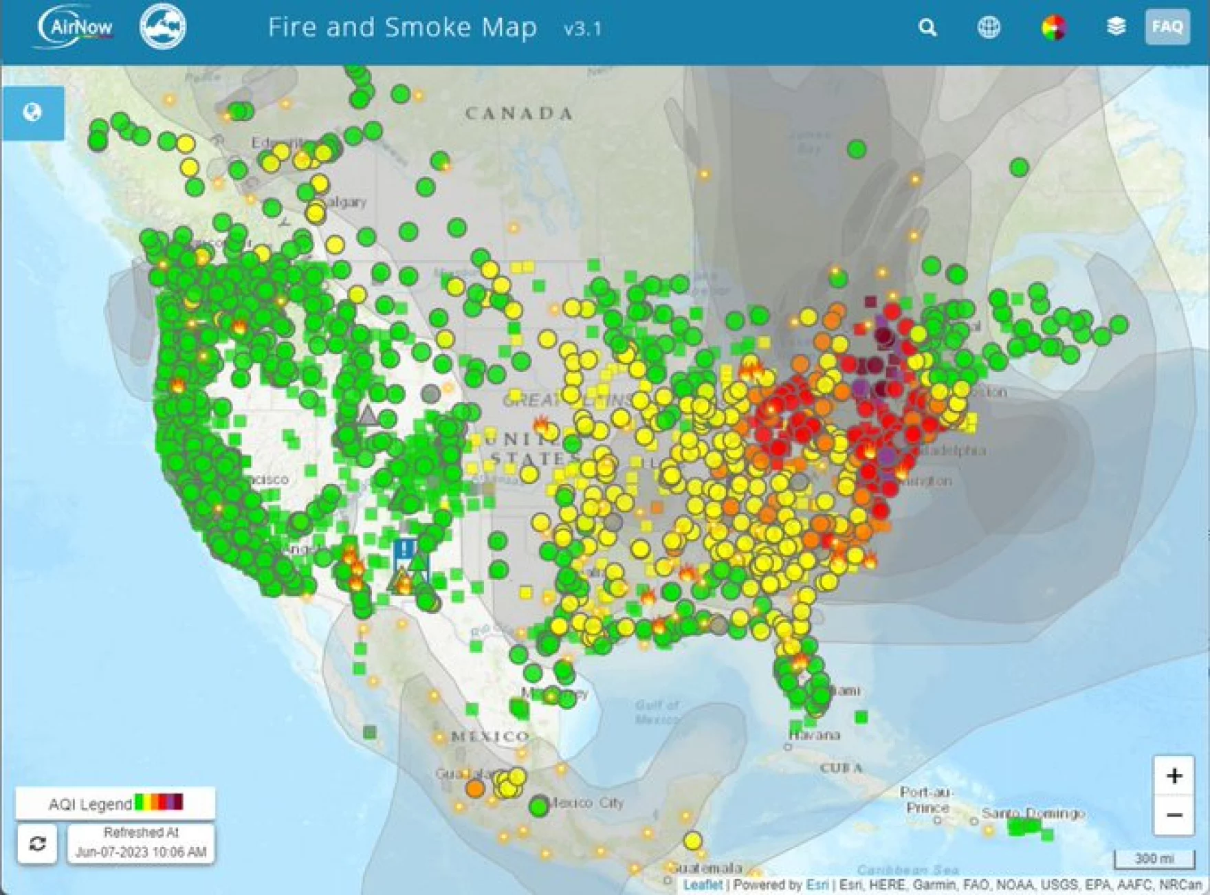 A map showing how smoke from wildfires in Canada was impacting the eastern portion of the United States.