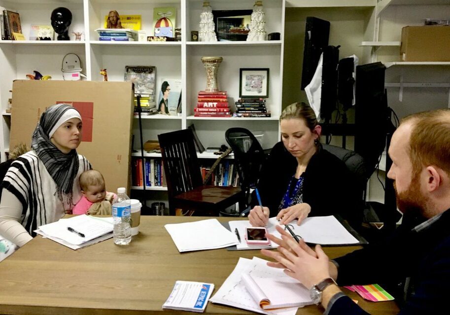 Nichole Mossalam of Malden (with her baby on her lap) and Sarah Khatib of Walpole are both exploring bids for elected office with the help of Jetpac, a nonprofit looking to engage Muslims in politics. Photo by Shannon Dooling for WBUR