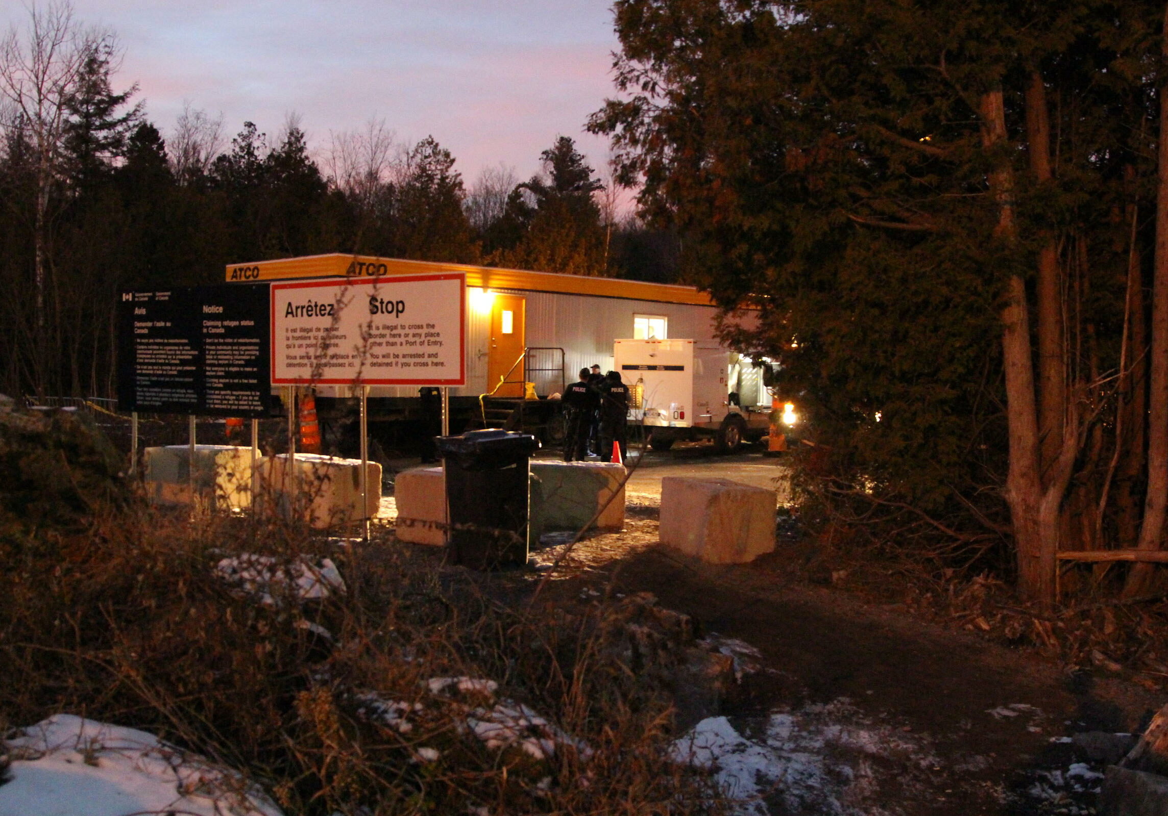 The Canada border at Roxham Road near Champlain, New York. Royal Canadian Mounted Police staff this unofficial crossing 24 hours a day. Photo by Lorne Matalon for VPR
