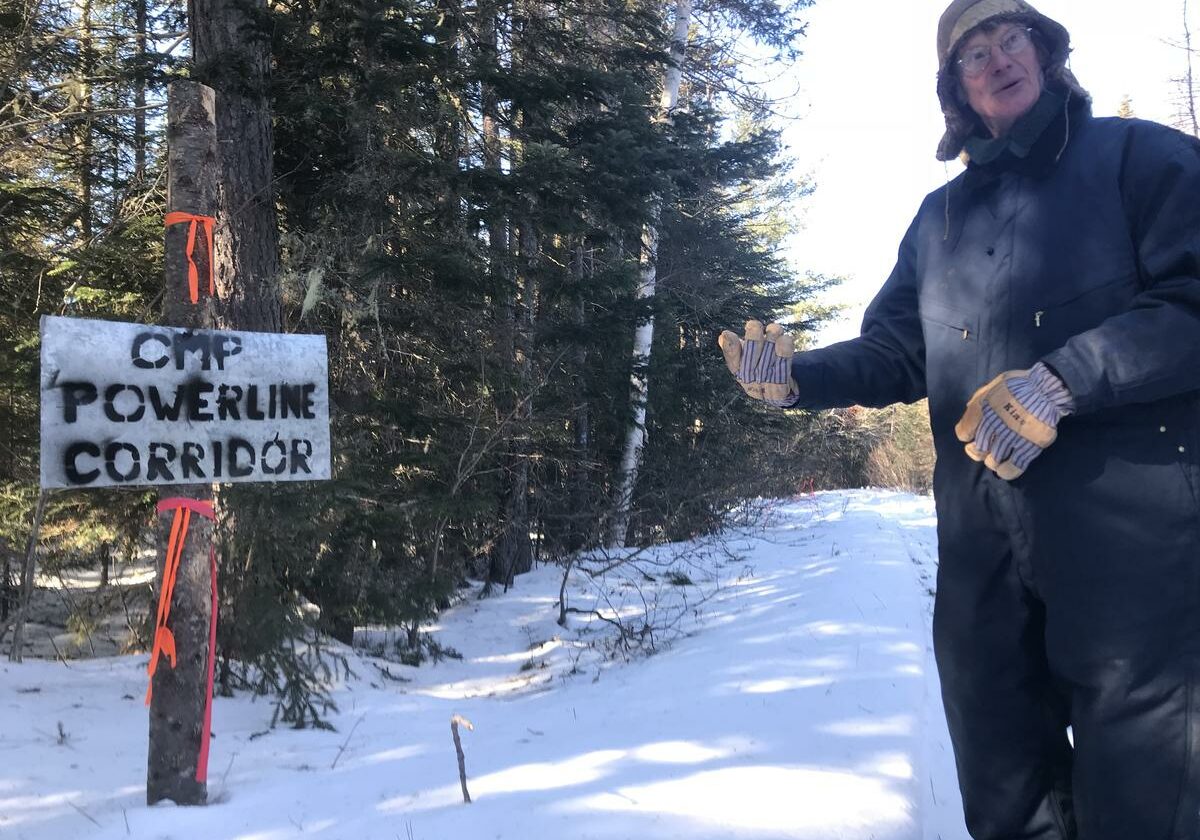 CMP's proposed transmission line would cross right over the trail Duane Hanson uses to get to his off-the-grid home near the Canadian border. Photo by Fred Bever for Maine Public