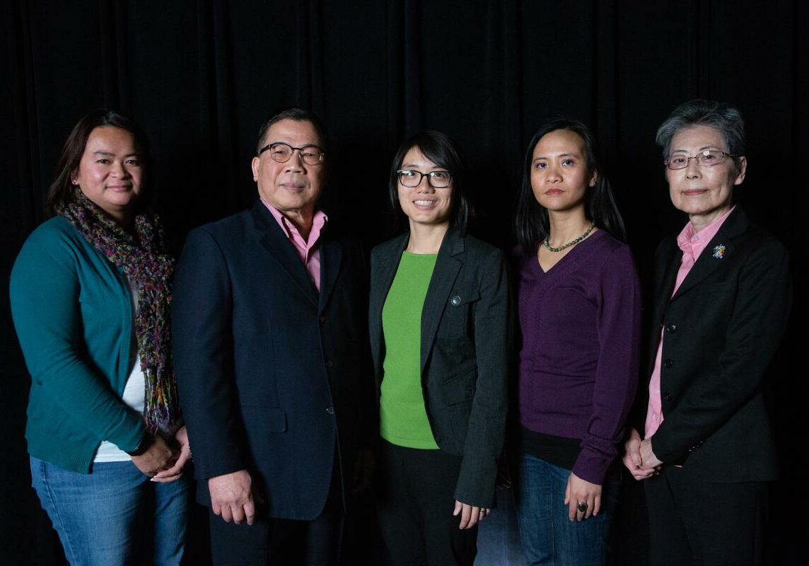 Mui Mui Hin-McCormick (at left) recruited the Asian Ambassadors a few years ago. They are Laotian elder Howard Phengsomphone, Vietnamese refugee Quyen Truong (center), Laotian refugee Sou Thammavong and Japanese immigrant Mari Merwin (at right). Photo by Ryan Caron King for Connecticut Public Radio