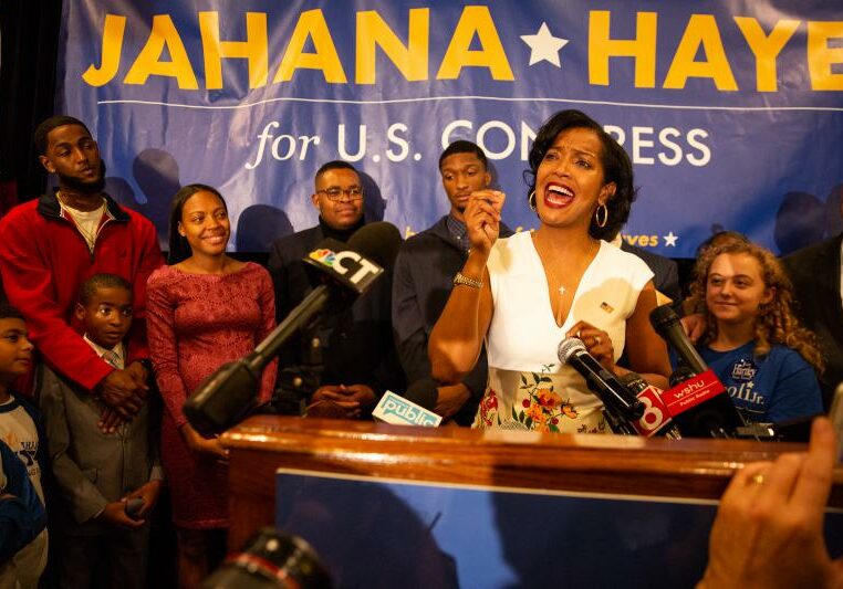 Democrat Jahana Hayes addresses her supporters in Waterbury after declaring victory in her U.S. House race against Republican Manny Santos. Hayes becomes the first black woman elected to Congress in Connecticut. Photo by Ryan Caron King for Connecticut Public Radio