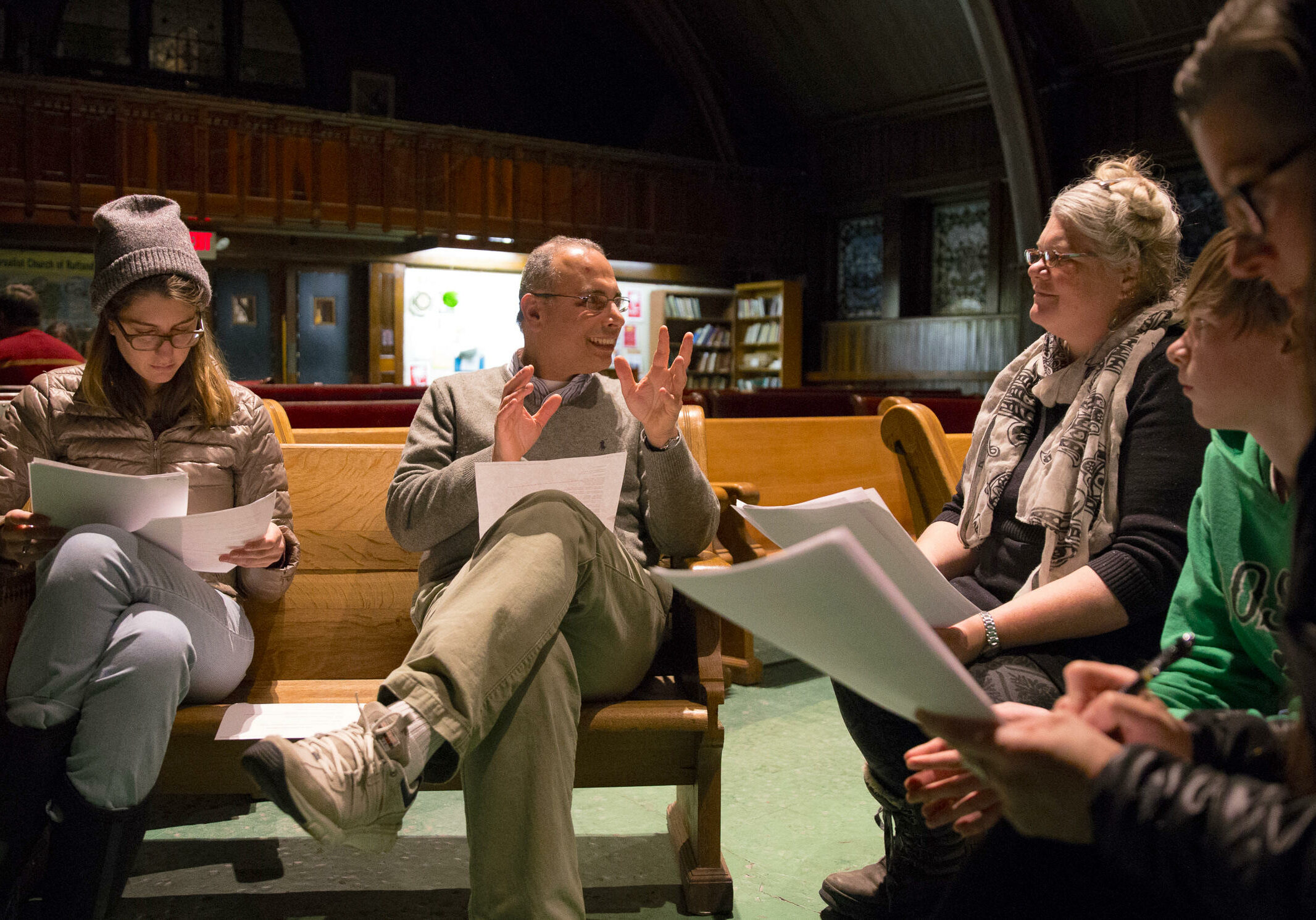 Middlebury College associate professor Usama Soltan leads a group in Arabic lessons at Rutland’s Unitarian Universalist church. Photo by Ryan Caron King for NENC