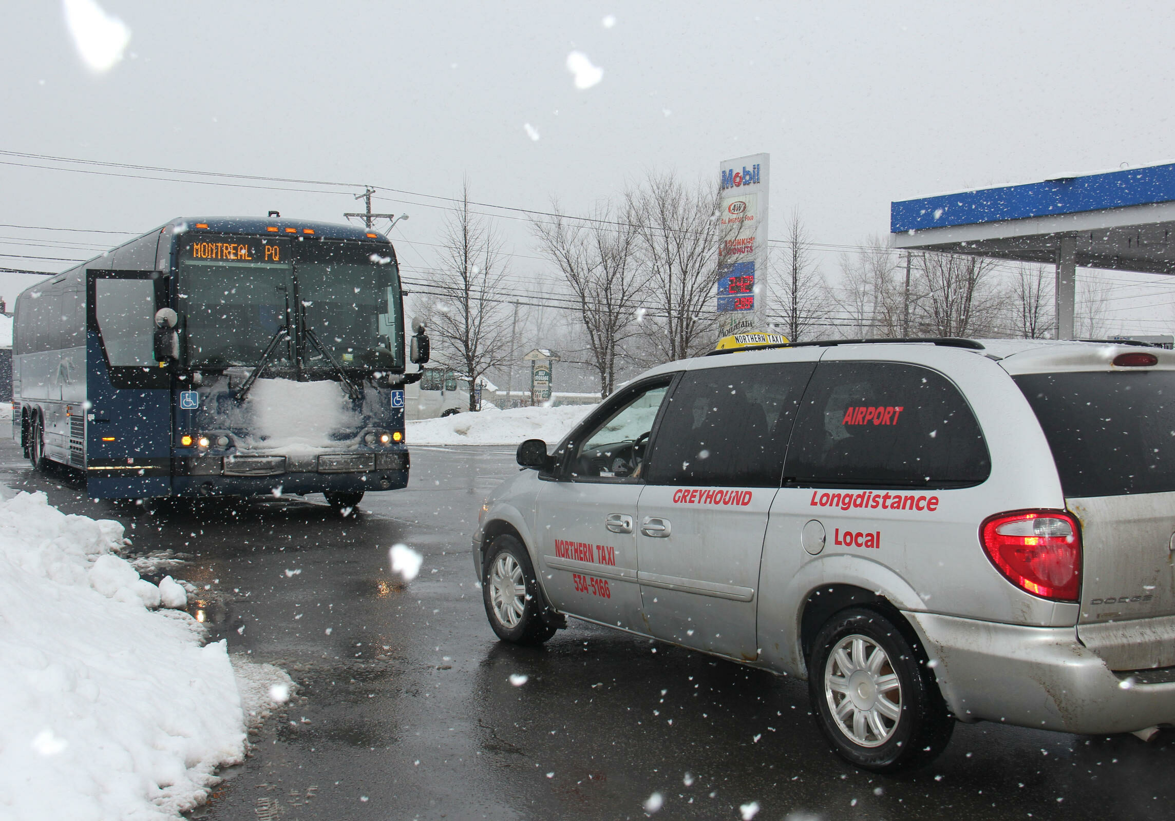 This Greyhound stop in Plattsburg, N.Y., is the last stop before the Canadian border. Cab drivers wait here to pick up fares, which often include asylum-seekers looking to illegally walk into Canada.
Photo by Kathleen Masterson for VPR